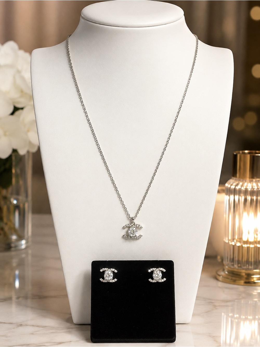 CC Moissanite Pendant Necklace and Stud Earrings Set